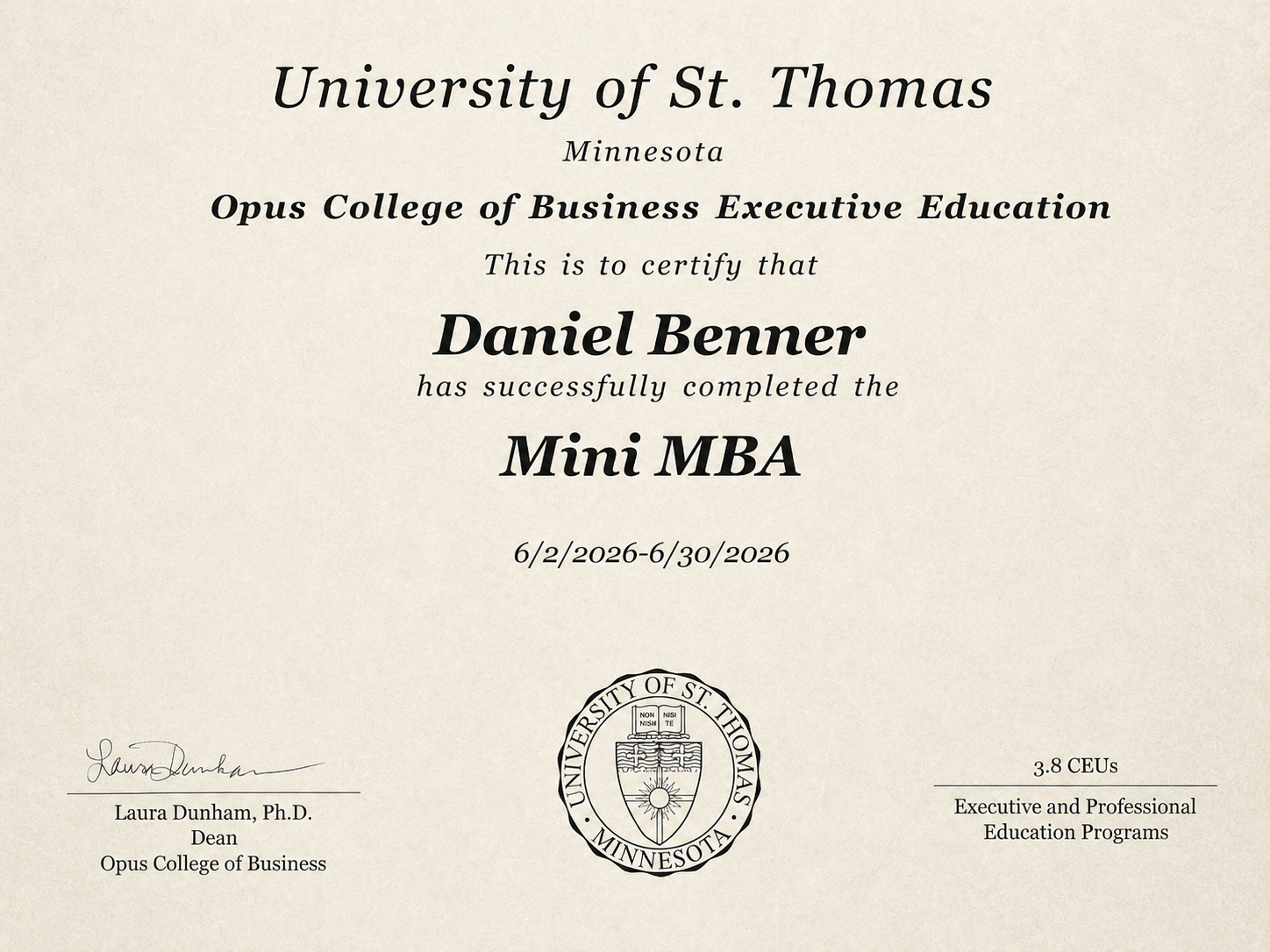 University of St. Thomas, Opus College of Business — Mini MBA certificate, Daniel Benner